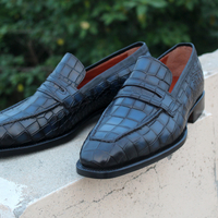 Crafted Leather Handmade Blue Crocodile Loafer Slip On Stylish Dress Shoes - Thumbnail 3