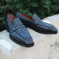 Crafted Leather Handmade Blue Crocodile Loafer Slip On Stylish Dress Shoes - Thumbnail 2