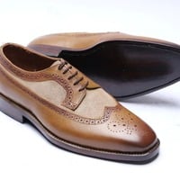 Crafted Leather Handmade Brown Leather and Suede Wingtip Oxford Dress Shoes - Thumbnail 1