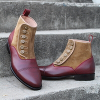 Crafted Leather Men Brown Suede and Red Leather Button Ankle High Dress Boot - Thumbnail 1