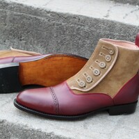 Crafted Leather Men Brown Suede and Red Leather Button Ankle High Dress Boot - Thumbnail 2