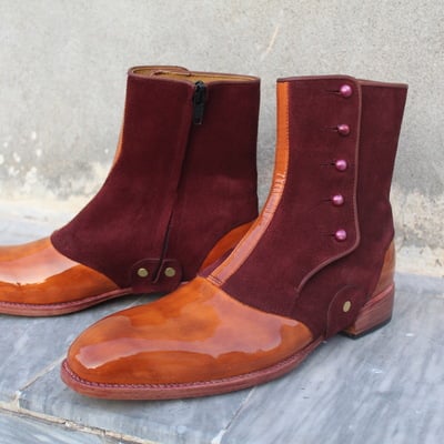 New crafted leather bespoke dress shoes two tone brown patent leather & suede ankle high button boot  - Thumbnail 4