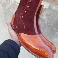 New Crafted Leather Bespoke Dress Shoes Two Tone Brown Patent Leather & Suede Ankle High Button Boot  - Thumbnail 4