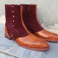 New Crafted Leather Bespoke Dress Shoes Two Tone Brown Patent Leather & Suede Ankle High Button Boot  - Thumbnail 3