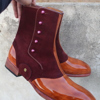 New Crafted Leather Bespoke Dress Shoes Two Tone Brown Patent Leather & Suede Ankle High Button Boot  - Thumbnail 5