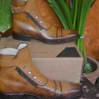 Jo Ghost Italian Brown Ankle High Jodhpur Boots with Zippers and Buttons - Thumbnail 2