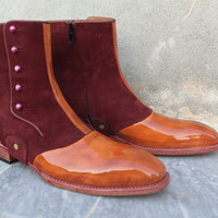 New Crafted Leather Bespoke Dress Shoes Two Tone Brown Patent Leather & Suede Ankle High Button Boot  - Thumbnail 6