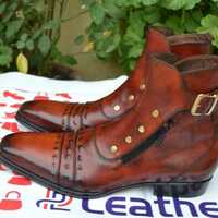 Jo Ghost Italian Dark Brown Ankle High Jodhpur Buckle Boots with Zippers and Buttons - Thumbnail 5