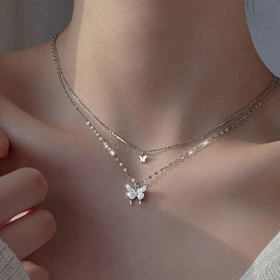 Diamond butterfly pendant necklace double-layer stacked clavicle chain for women girls