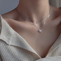 Diamond Butterfly Pendant Necklace Double-layer stacked Clavicle Chain for Women Girls - Thumbnail 1