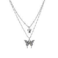 Diamond Butterfly Pendant Necklace Double-layer stacked Clavicle Chain for Women Girls - Thumbnail 2