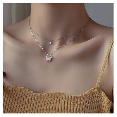 Diamond butterfly pendant necklace double-layer stacked clavicle chain for women girls