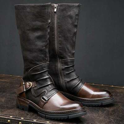 Large size leather boots thick sole belt buckle knight boots 2 colors
