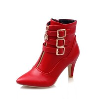 Women's belt buckle large size pointed toe ankle boots 3 colors - Thumbnail 1