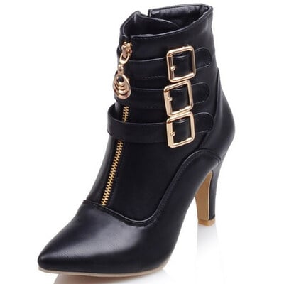 Women's belt buckle large size pointed toe ankle boots 3 colors