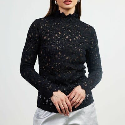 Lace pattern mock neck top