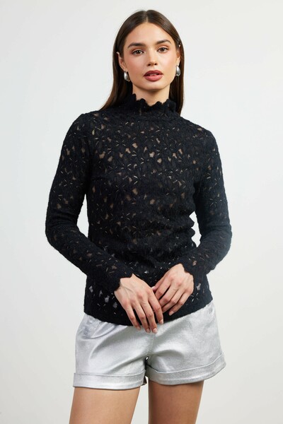 Lace Pattern Mock Neck Top
