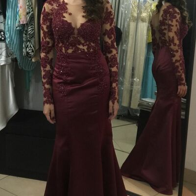 Elegant mother of the bride/groom dress wine red lace appliques long sleeve evening formal prom dress
