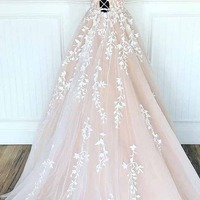 A-line Tulle Princess Spaghetti Straps Lace Appliques Prom Dresses, PD230289 - Thumbnail 1