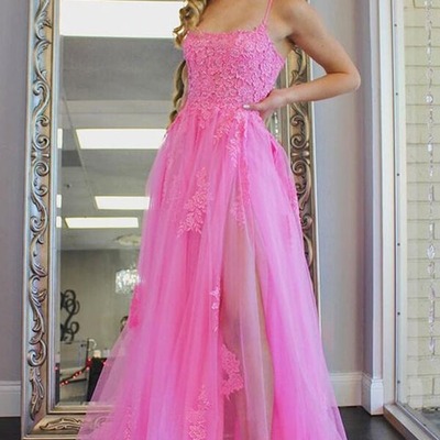 Tulle split long evening prom dress with lace appliques, pd230290 - Thumbnail 5