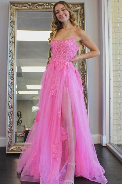 Tulle Split Long Evening Prom Dress With Lace Appliques, PD230290