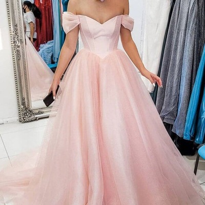 A-line off shoulder tulle long prom dresses, evening gown with train, pd230293 - Thumbnail 5