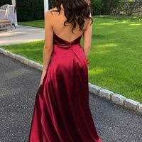 A-Line Satin V-neck Spaghetti Straps Sweep Train Prom Dress With Slit, PD230297 - Thumbnail 1