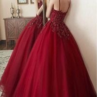 Long Elegant Tulle Straps Ball Gown Beaded Prom Dress, PD230298 - Thumbnail 1
