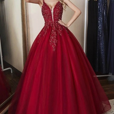 Long elegant tulle straps ball gown beaded prom dress, pd230298 - Thumbnail 3