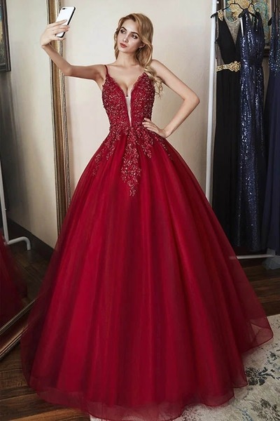 Long Elegant Tulle Straps Ball Gown Beaded Prom Dress, PD230298