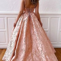 Long Satin Ball Gown V-neck Straps Cross Back Long Prom Dresses, PD230299 - Thumbnail 1