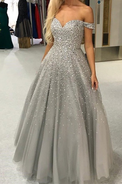 Long Gorgeous Ball Gown Off the Shoulder Open Back Evening Prom Dresses with Beaded, PD230304