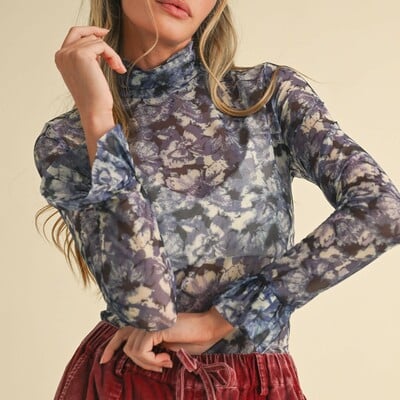 Floral mesh top with bell sleeves