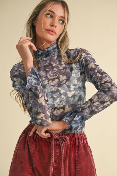 Floral Mesh Top with Bell Sleeves