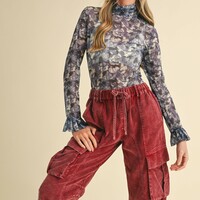 Floral Mesh Top with Bell Sleeves - Thumbnail 2