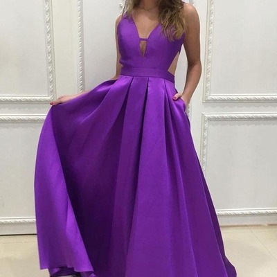 A-line simple satin v-neck long prom dresses, bridesmaid dress, pd230307