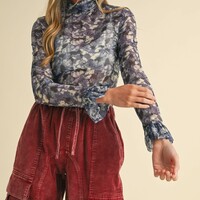 Floral Mesh Top with Bell Sleeves - Thumbnail 3