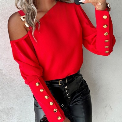 Elegant lantern sleeve button splicing shirt