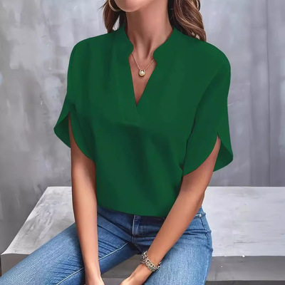 Summer Casual Solid Color V-neck Loose Shirt Tops for Women