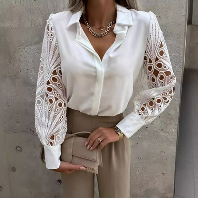  Summer Spring New Women's solid color Lace patchwork Shirt
