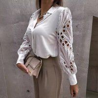  Summer Spring New Women's solid color Lace patchwork Shirt - Thumbnail 1