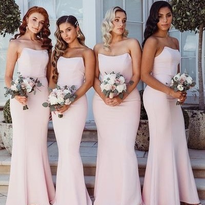 Light pink strapless mermaid satin bridesmaid dresses,pink wedding party dress long prom dress, pd230309 - Thumbnail 4