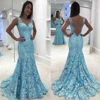 Elegant mother of the bride/groom dress blue lace evening formal prom dress
