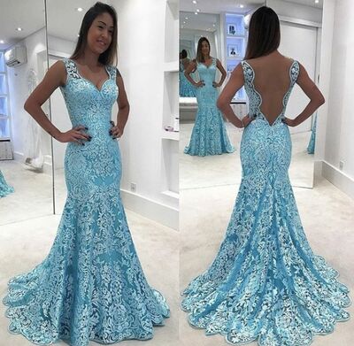 Elegant Mother of the Bride/Groom Dress Blue Lace Evening Formal Prom Dress