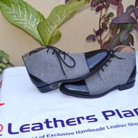 Crafted Leather Handmade Black Leather Gray Flannel Fabric Grain Leather Chukka Lace up Boot - Thumbnail 1
