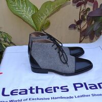 Crafted Leather Handmade Black Leather Gray Flannel Fabric Grain Leather Chukka Lace up Boot - Thumbnail 2