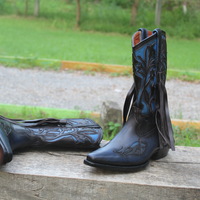 Crafted Leather Luxury and Classic Blue Patina Leather Pointed Toe Fringes Cowboy Ankle Long Boot - Thumbnail 1