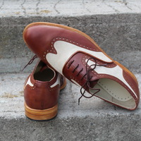 Crafted Leather Classic Brown White Suede Leather Wingtip Oxford Dress Shoes - Thumbnail 4