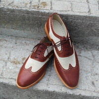 Crafted Leather Classic Brown White Suede Leather Wingtip Oxford Dress Shoes - Thumbnail 1