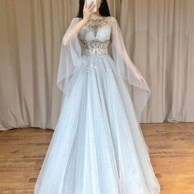 Elegant tulle light blue long prom dress, formal evening dress, pd230330
